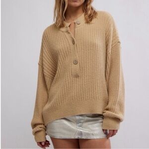 Free People Cream Ribbed Button Sweater